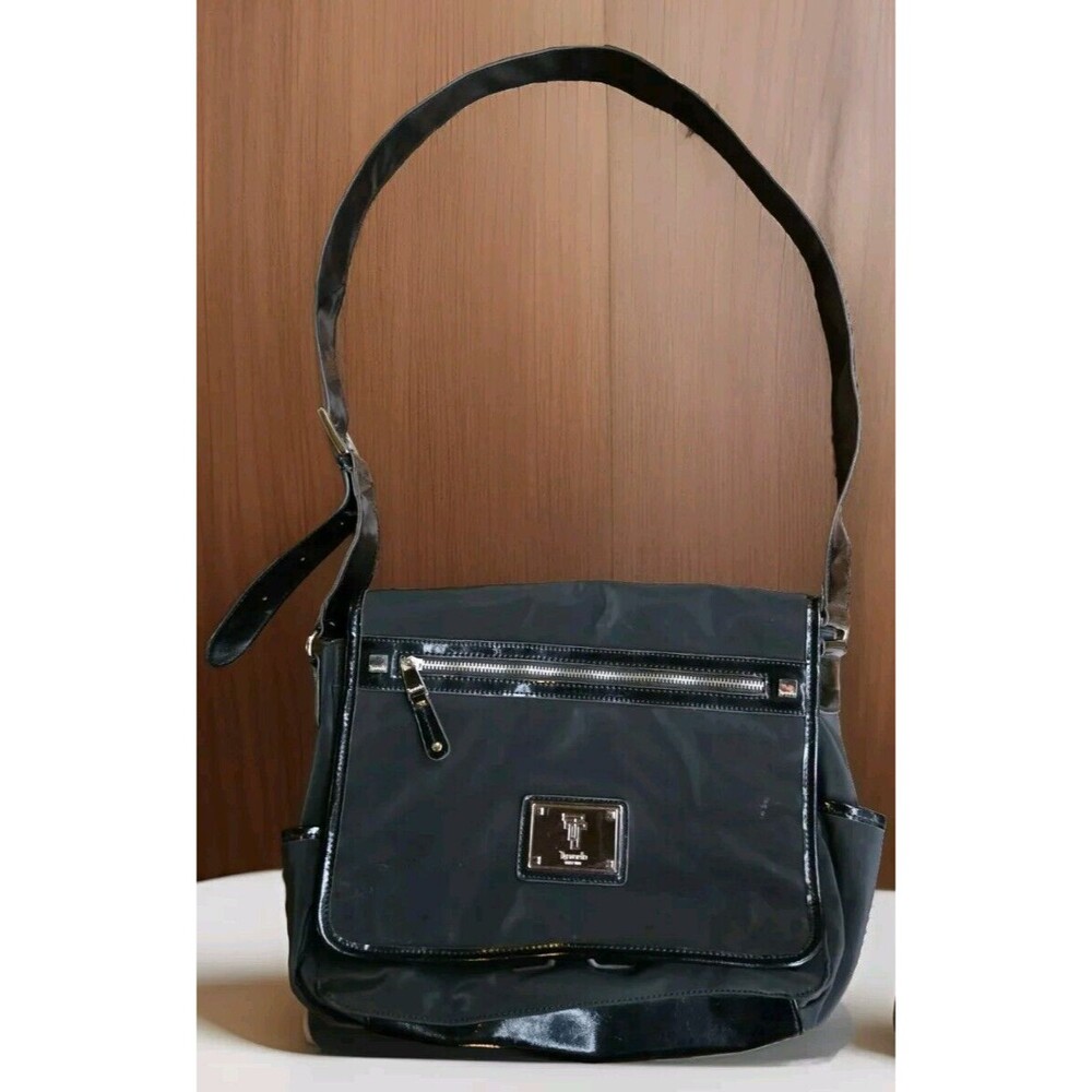 Tignanello Messenger Shoulder  Bag Black Yellow Interior Laptop Computer Purse